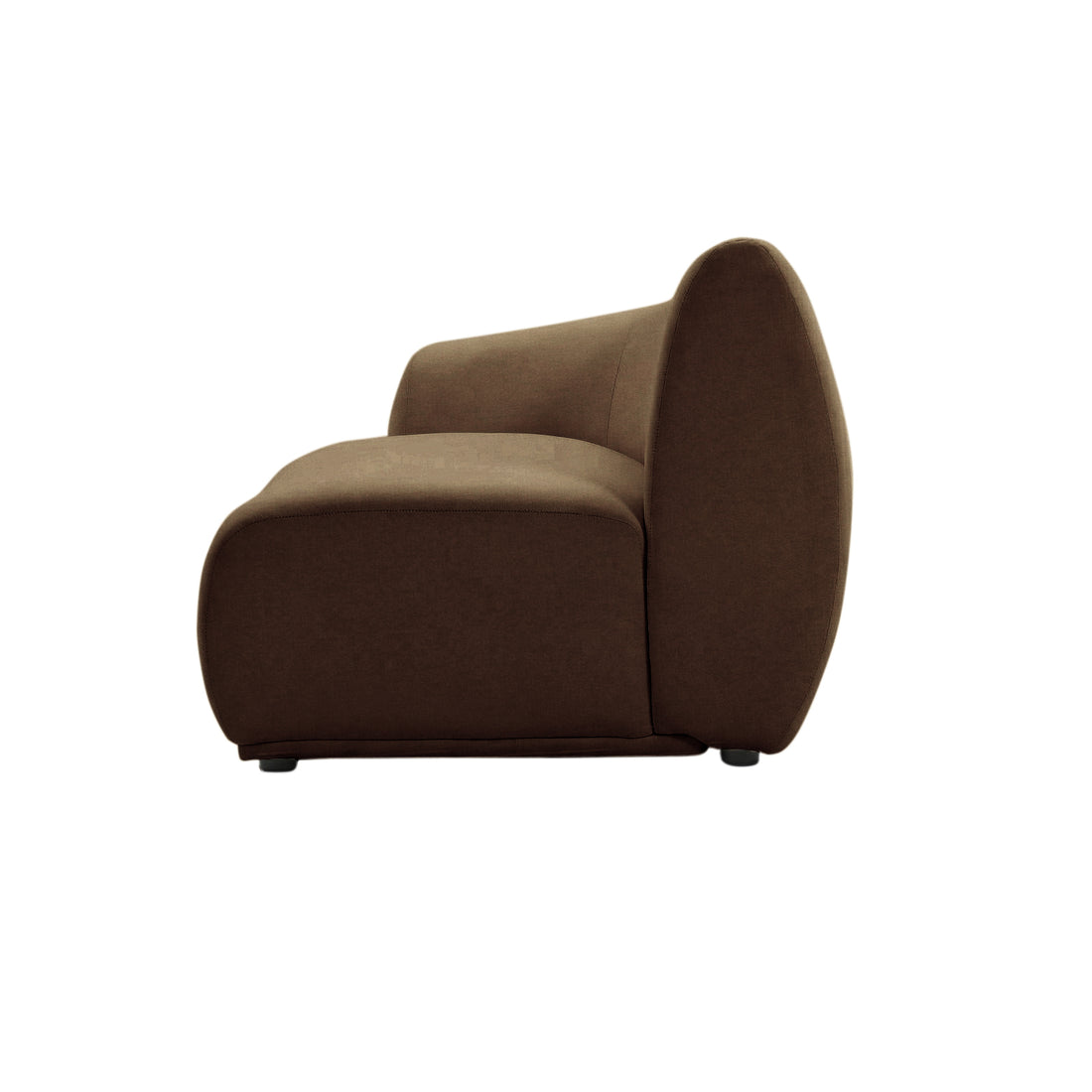 Side view of brown upholstered chair on white background