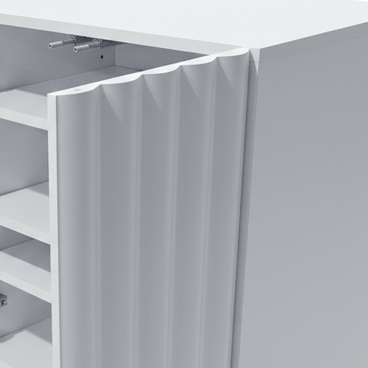 Close-up of white cabinet door with ribbed texture and interior shelving