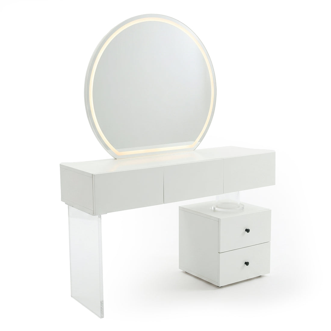 White vanity table with illuminated round mirror and side cabinet on white background