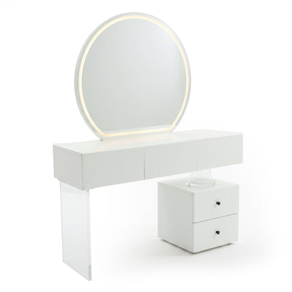 White vanity table with illuminated round mirror and side cabinet on white background
