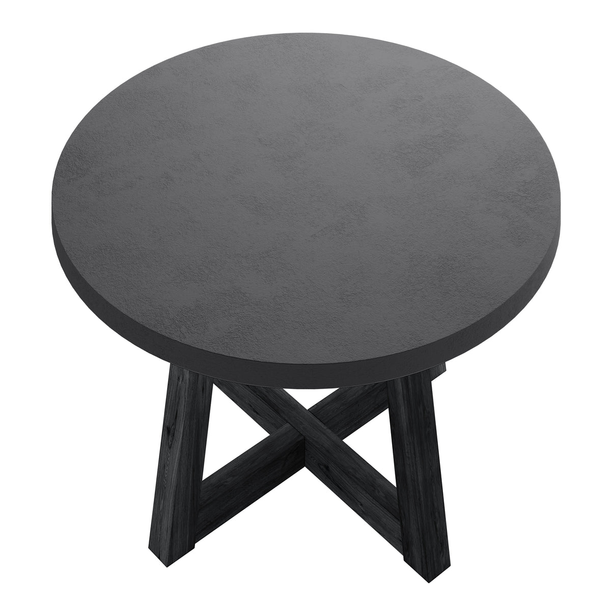 Magnus Hardwood and Concrete Outdoor Dining Table in Grey features a round concrete top with an X-style acacia wood base, ideal for outdoor settings, offering stability and modern elegance.