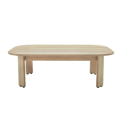 Elani 5 Seater Acacia Hardwood Outdoor Sofa Set in Black, featuring a minimalist, light-toned wood coffee table with rounded corners and splayed legs, on a plain white background.