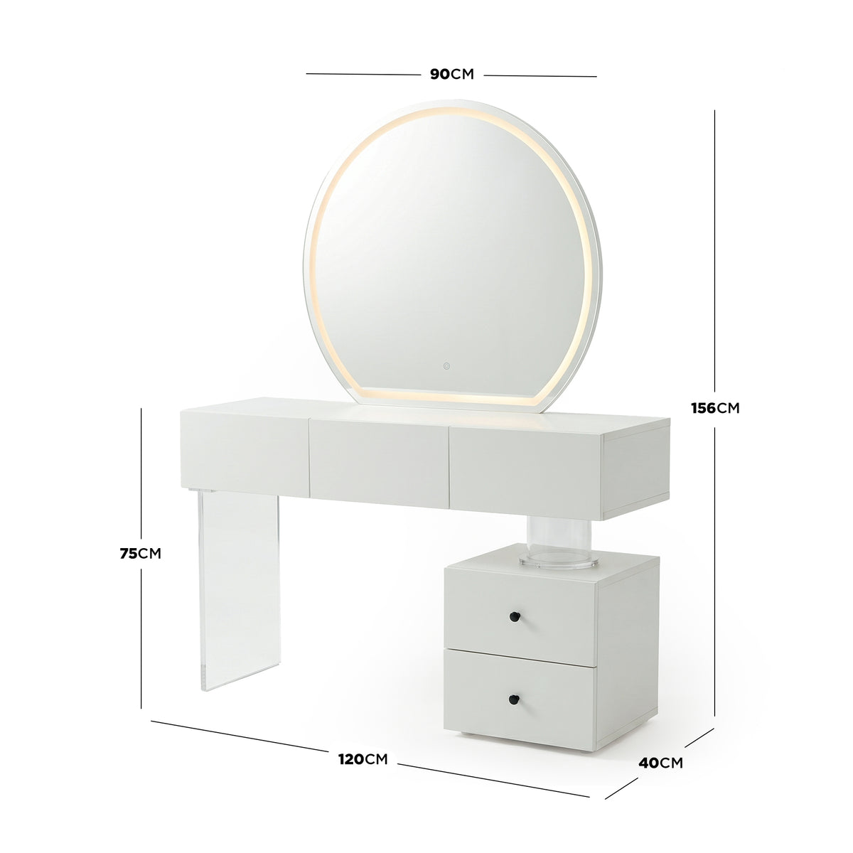 White vanity table with LED-lit round mirror and dimension annotations on white background