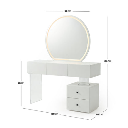 White vanity table with LED-lit round mirror and dimension annotations on white background