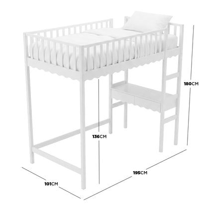 White loft bed with dimensions diagram