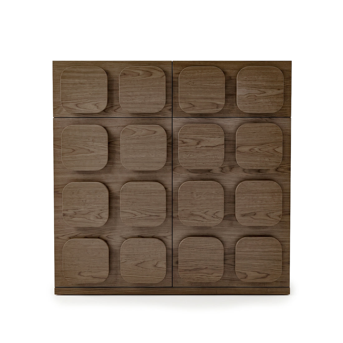 Square wooden cabinet with a raised geometric square pattern on the front, shown straight on against a white background