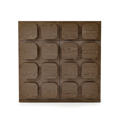 Square wooden cabinet with a raised geometric square pattern on the front, shown straight on against a white background