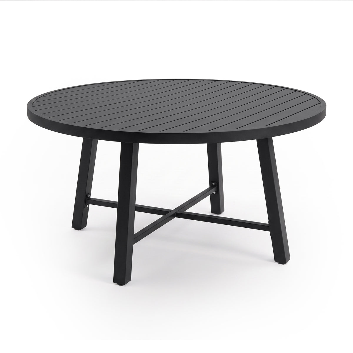 Round black table with slatted top on white background