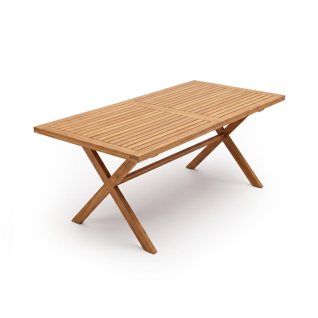 Rectangular wooden table with crossed legs on a white background