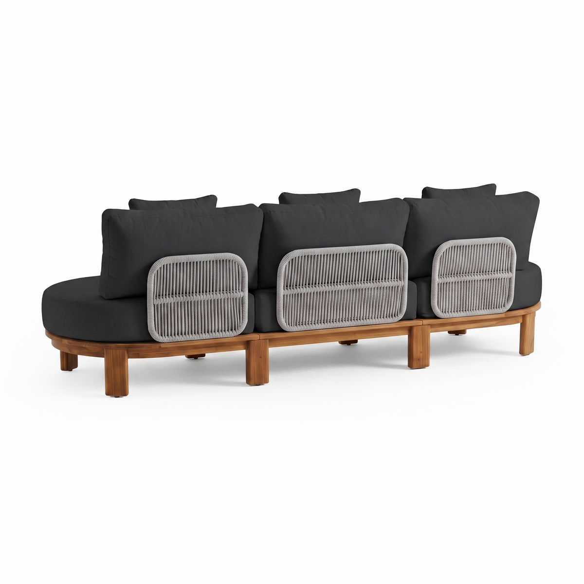 Back view of modern sofa with wooden frame and woven accents on white background