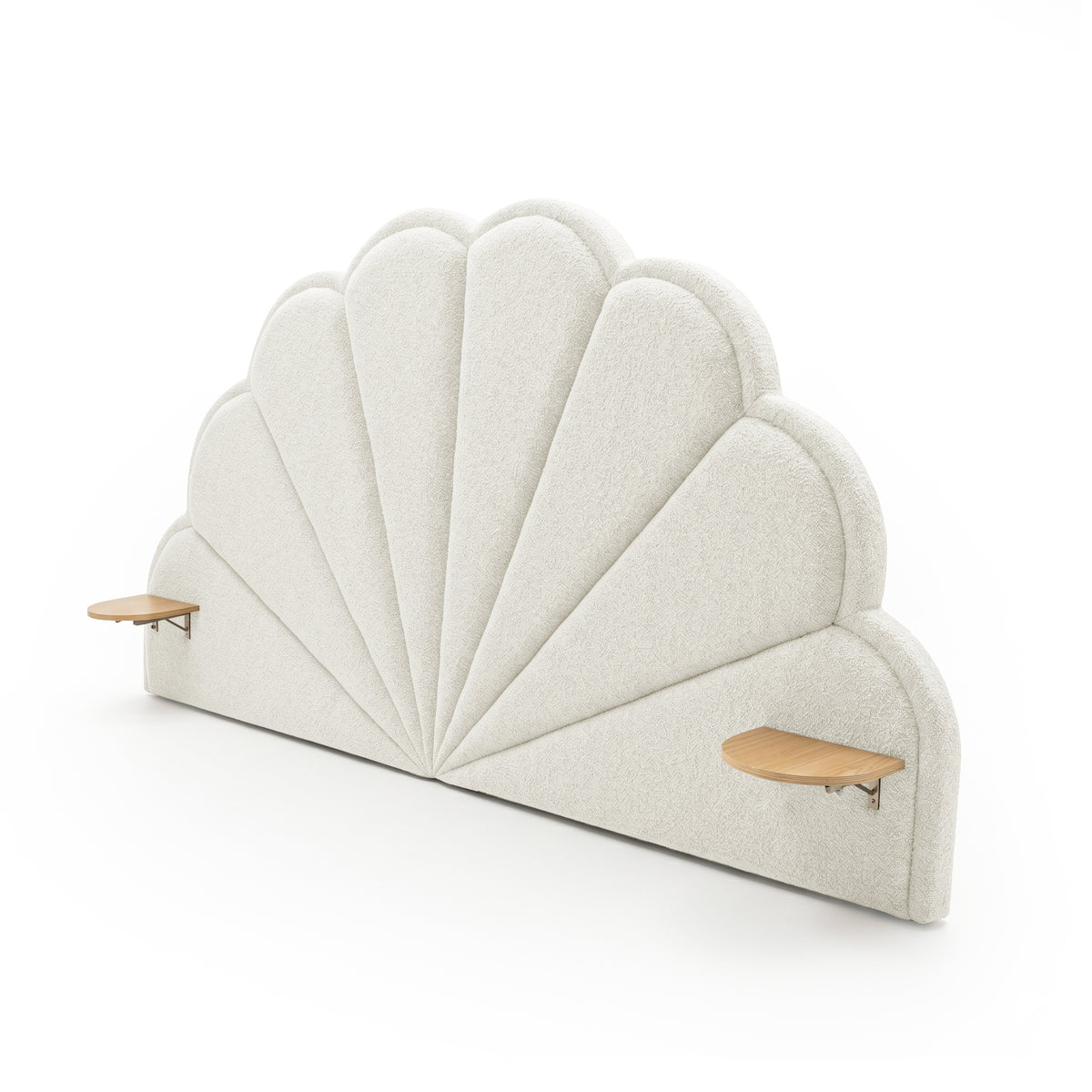 Large scalloped upholstered headboard with wooden shelves on white background