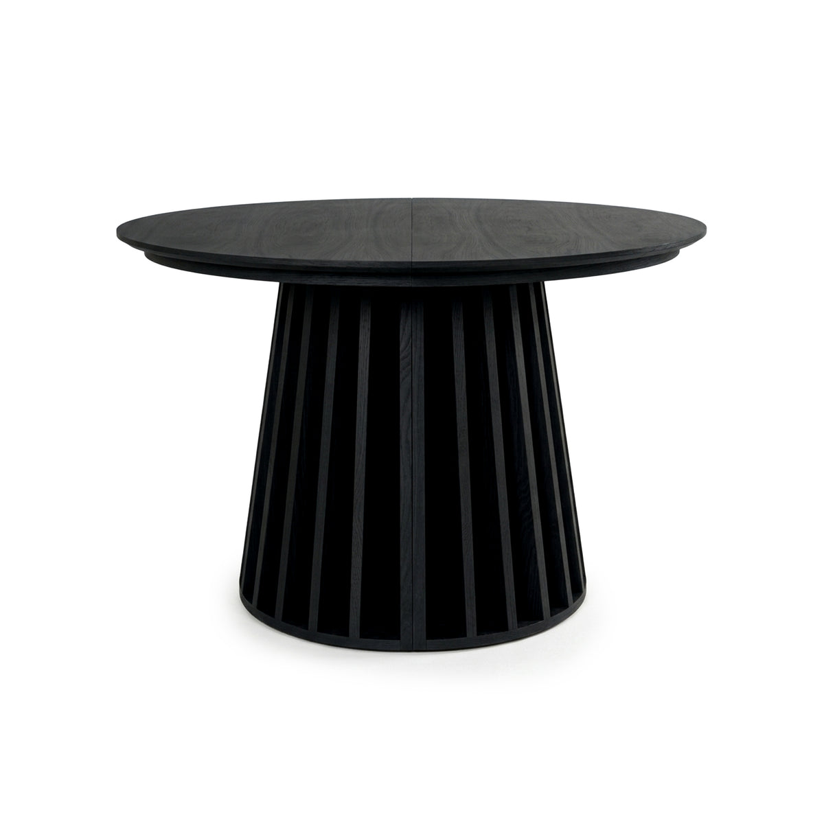Black round table with slatted base on white background