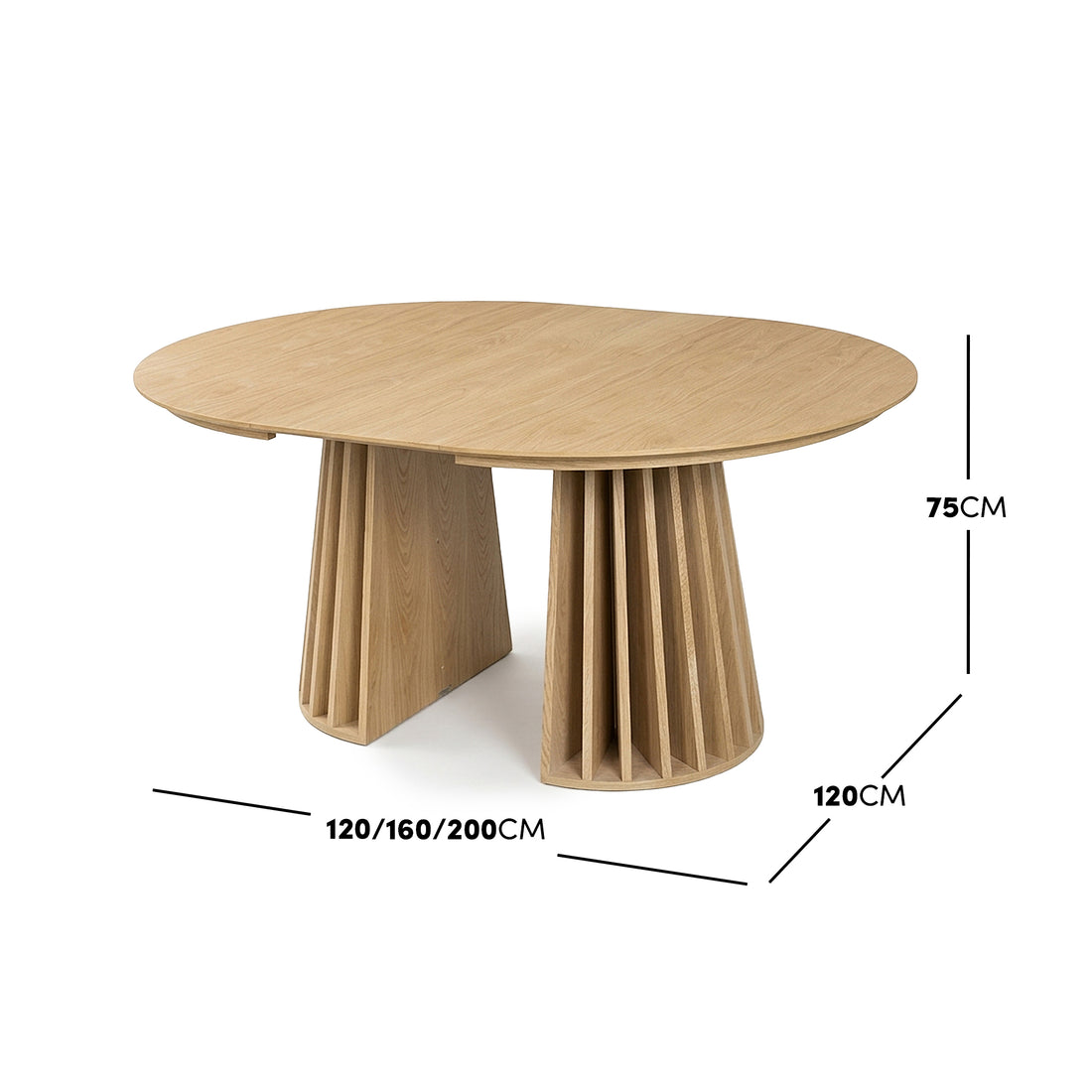 Wooden dining table on white background with dimensions labeled