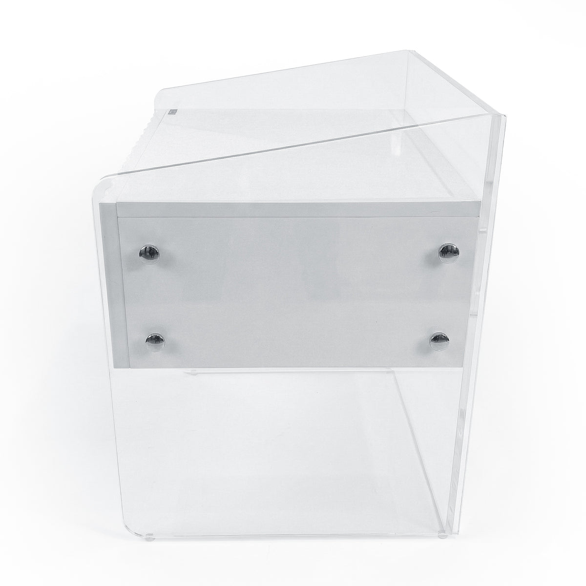 Clear acrylic furniture piece with internal drawer on white background