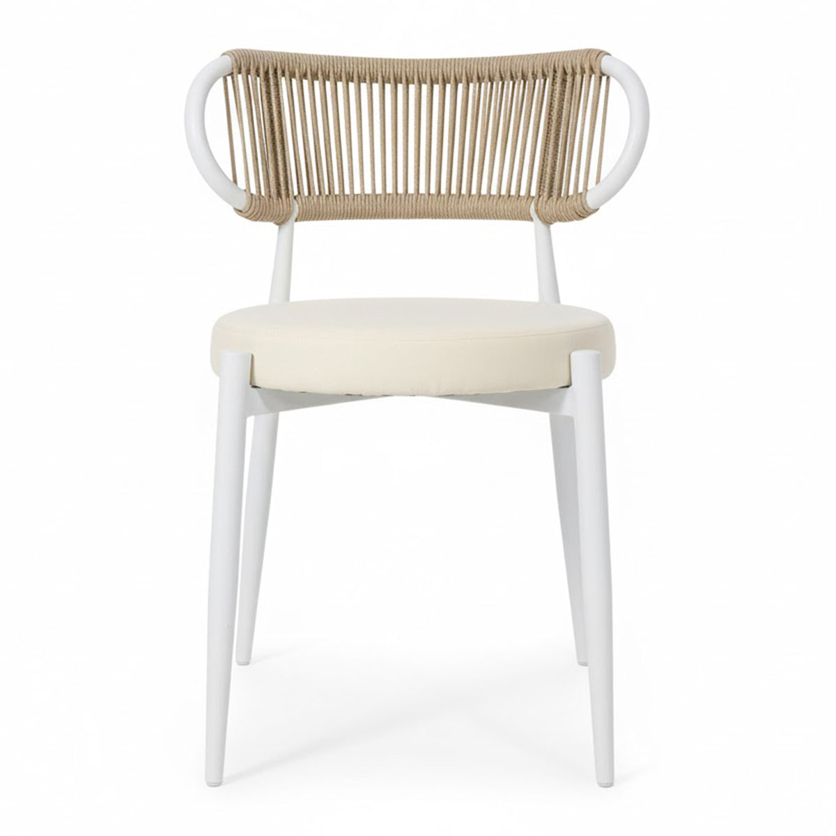 Cabria 7 Piece Sintered Stone Outdoor Dining Set in Beige features sleek, white-framed chairs with tan woven rope backrests and cream cushions, paired with a modern, marble-look sintered stone table.
