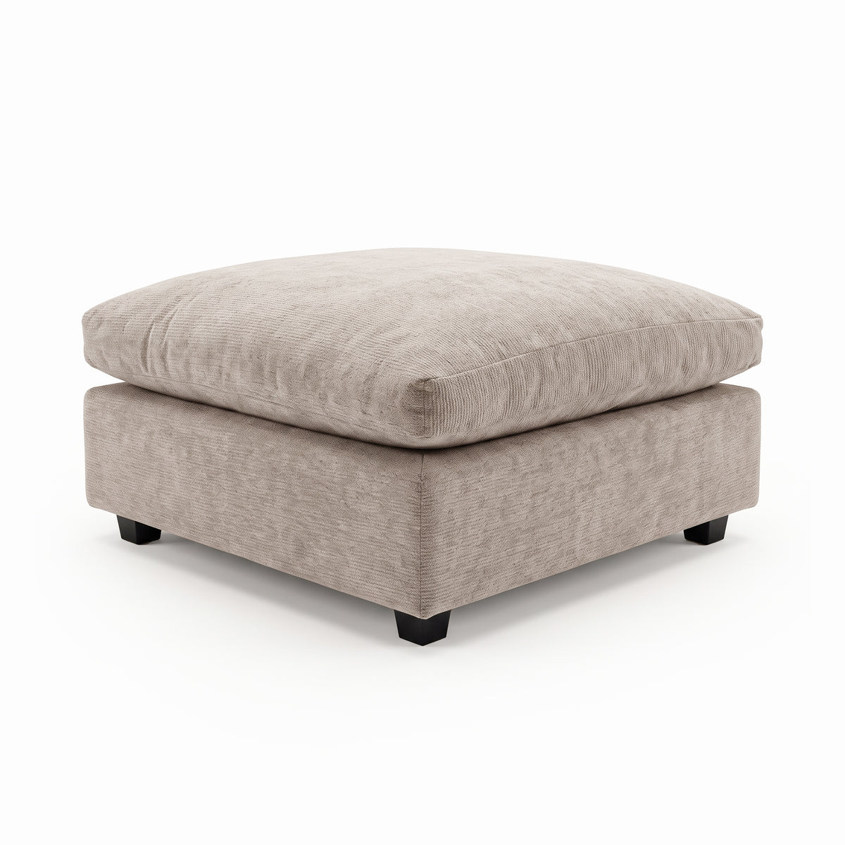 Beige upholstered ottoman with black legs on a white background