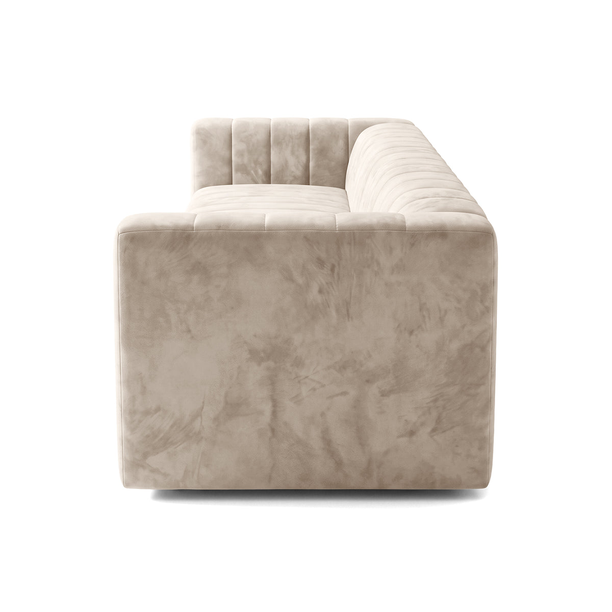 Side view of a beige upholstered sofa on a white background