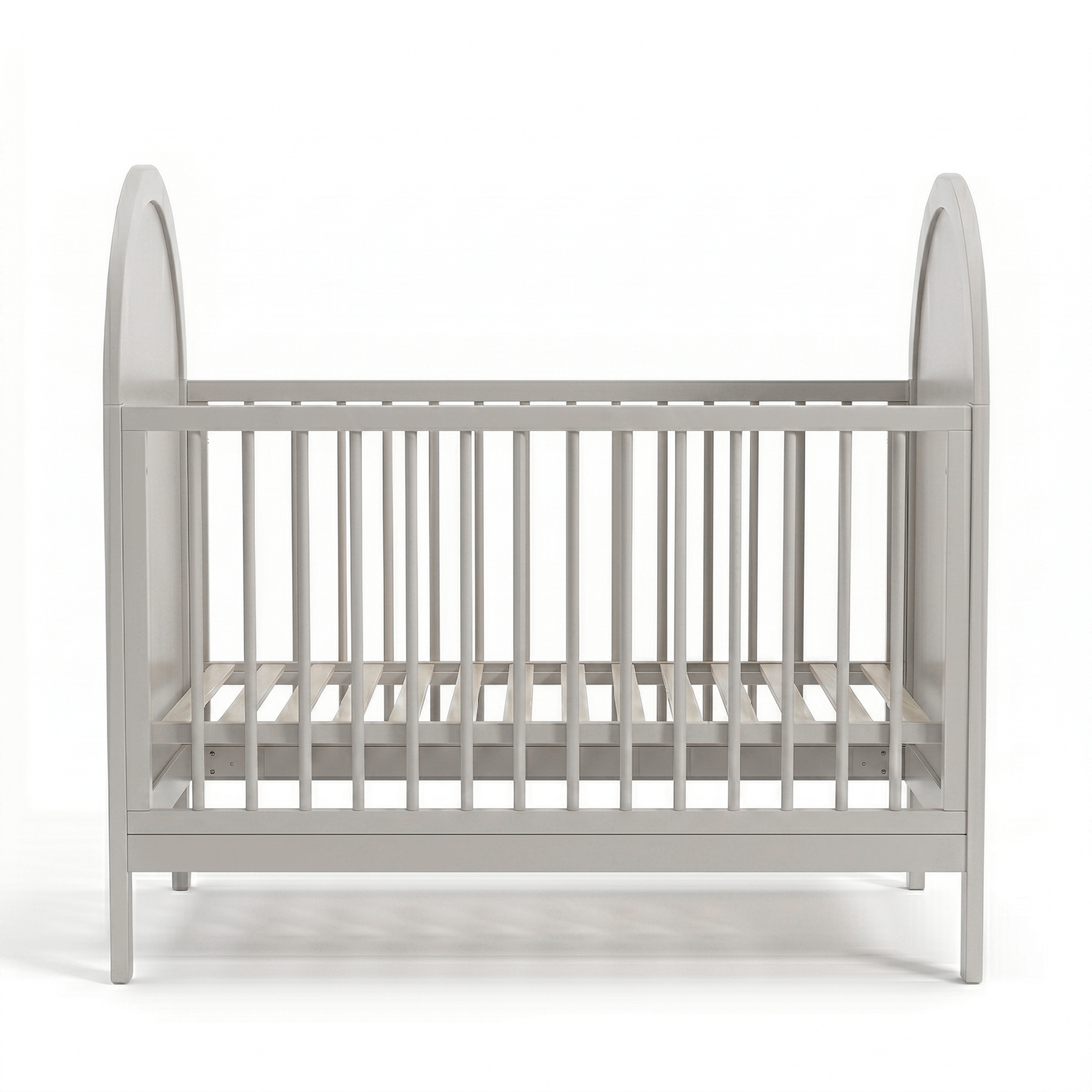 Modern light gray wooden crib front view on white background
