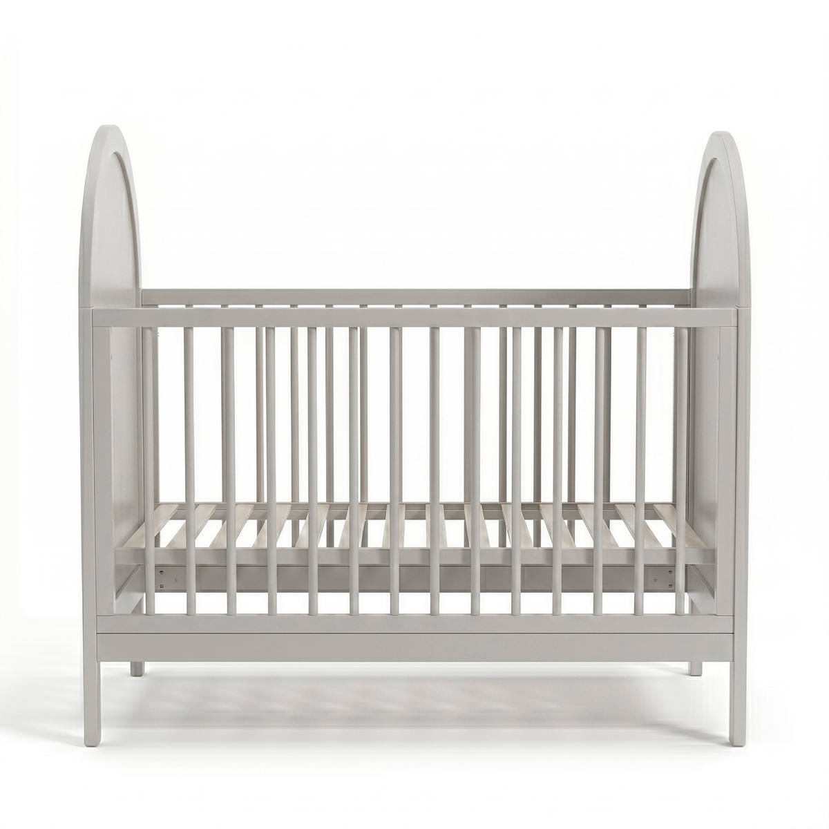 Modern light gray wooden crib front view on white background