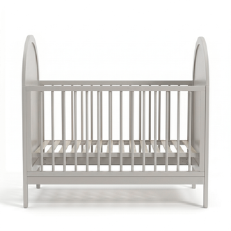Modern light gray wooden crib front view on white background