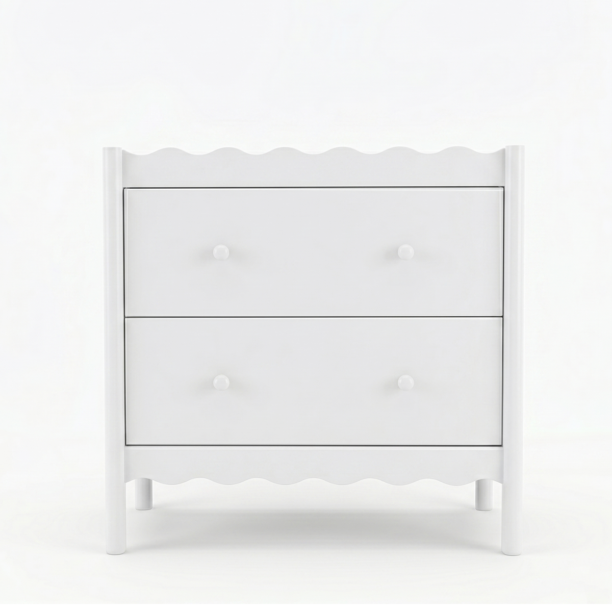 White modern dresser with two drawers on a white background