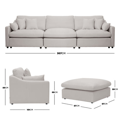 Sectional sofa set with ottoman and dimension measurements on white background