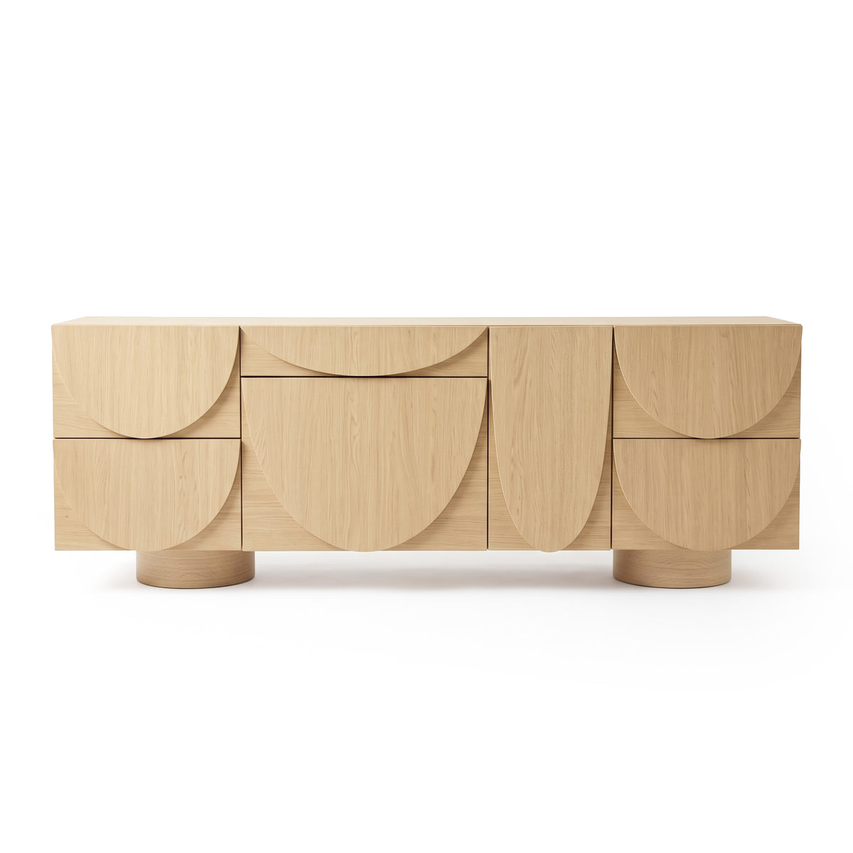 Full wooden sideboard with geometric drawer fronts on a white background