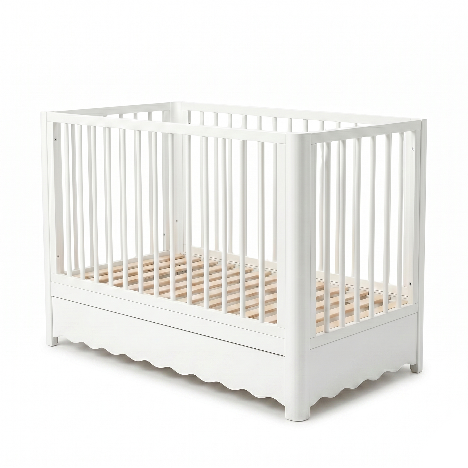 White baby crib on white background with vertical slats and minimalist design