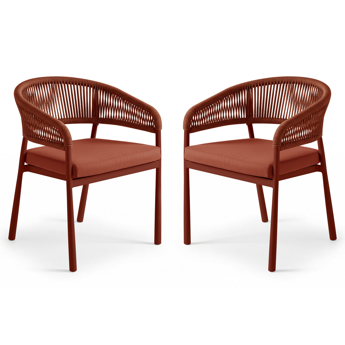 Coastal Outdoor Rope Dining Chairs Set of 2 in Burnt Orange featuring tubular frames, woven-rope curved back/armrests, and simple upholstered seat cushions displayed side by side against a plain backdrop.
