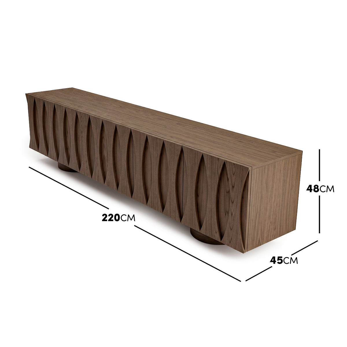 Modern wooden TV stand or sideboard with dimensions shown on a white background
