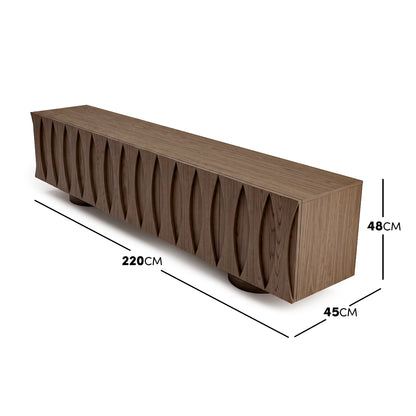 Modern wooden TV stand or sideboard with dimensions shown on a white background