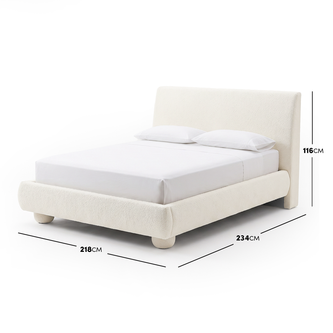Modern upholstered bed on white background with dimensions labeled