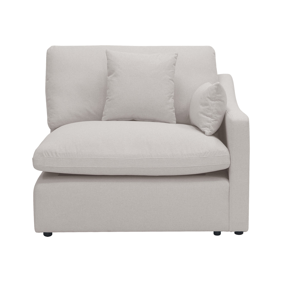 Light beige upholstered modular chair with armrest and cushions on a white background
