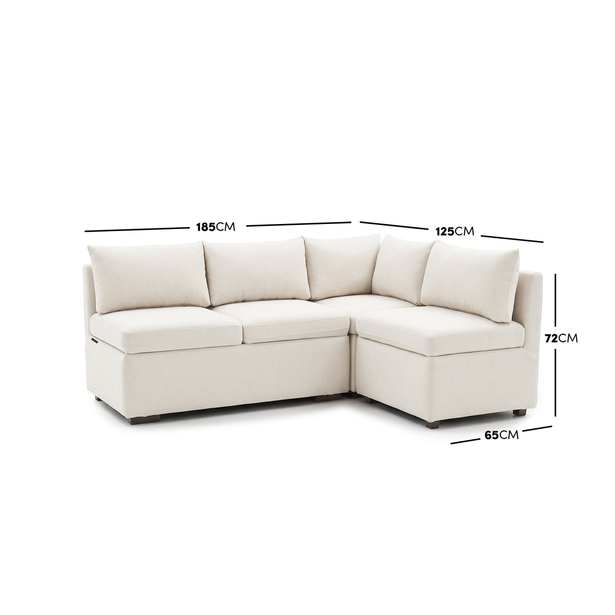 Cream L-shaped sectional sofa with dimension measurements on a white background