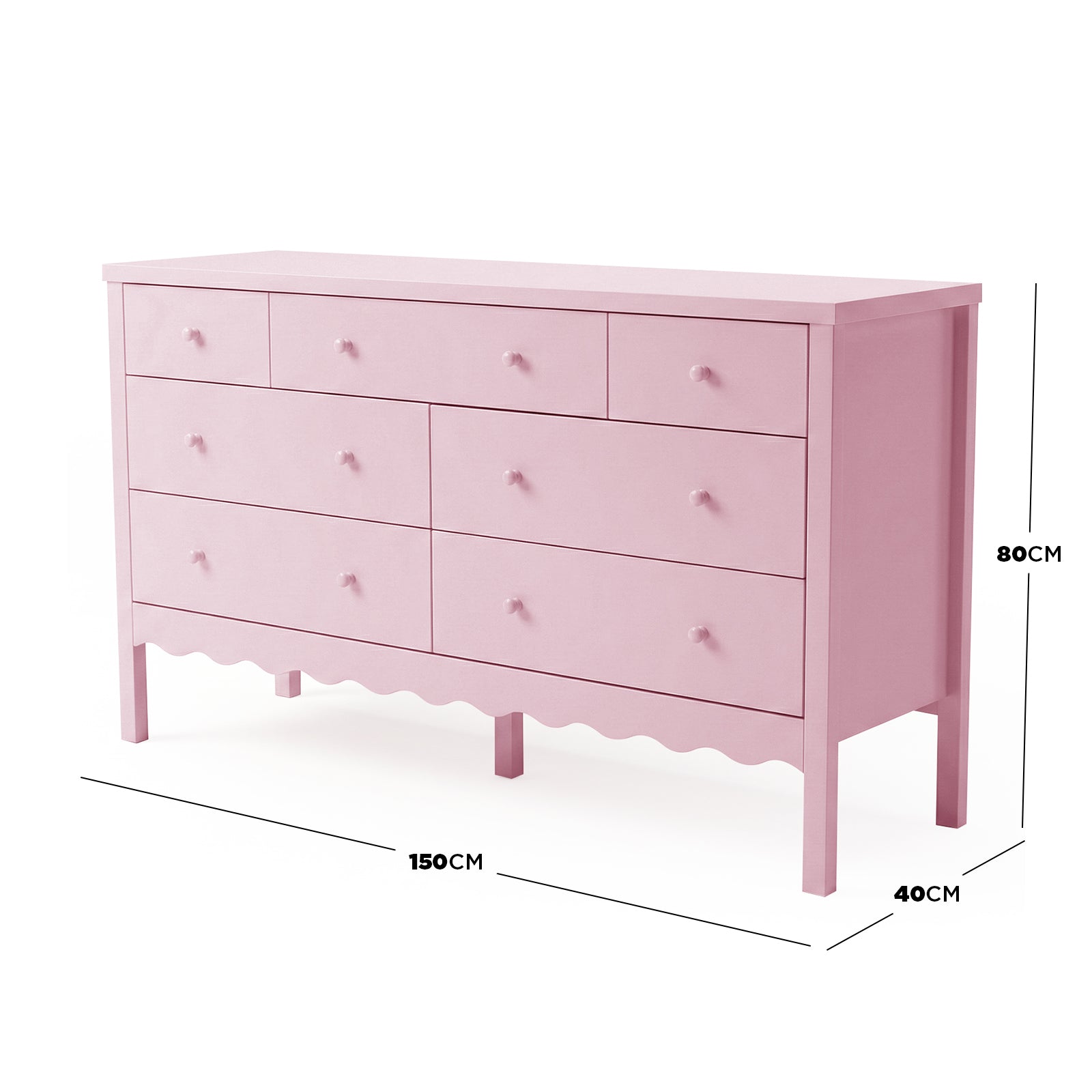 Pink dresser with eight drawers and measurement labels on white background - Dimensions