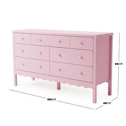 Pink dresser with eight drawers and measurement labels on white background - Dimensions