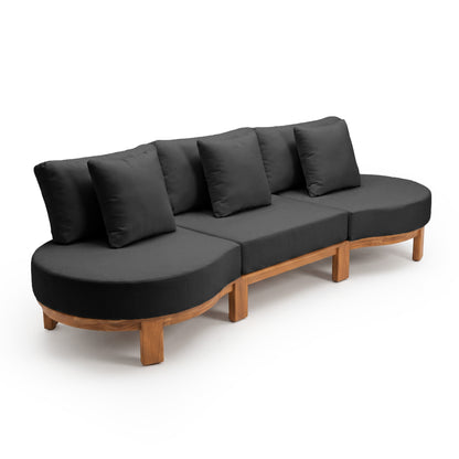 Contemporary three-seater sofa with wooden frame and dark upholstery on white background