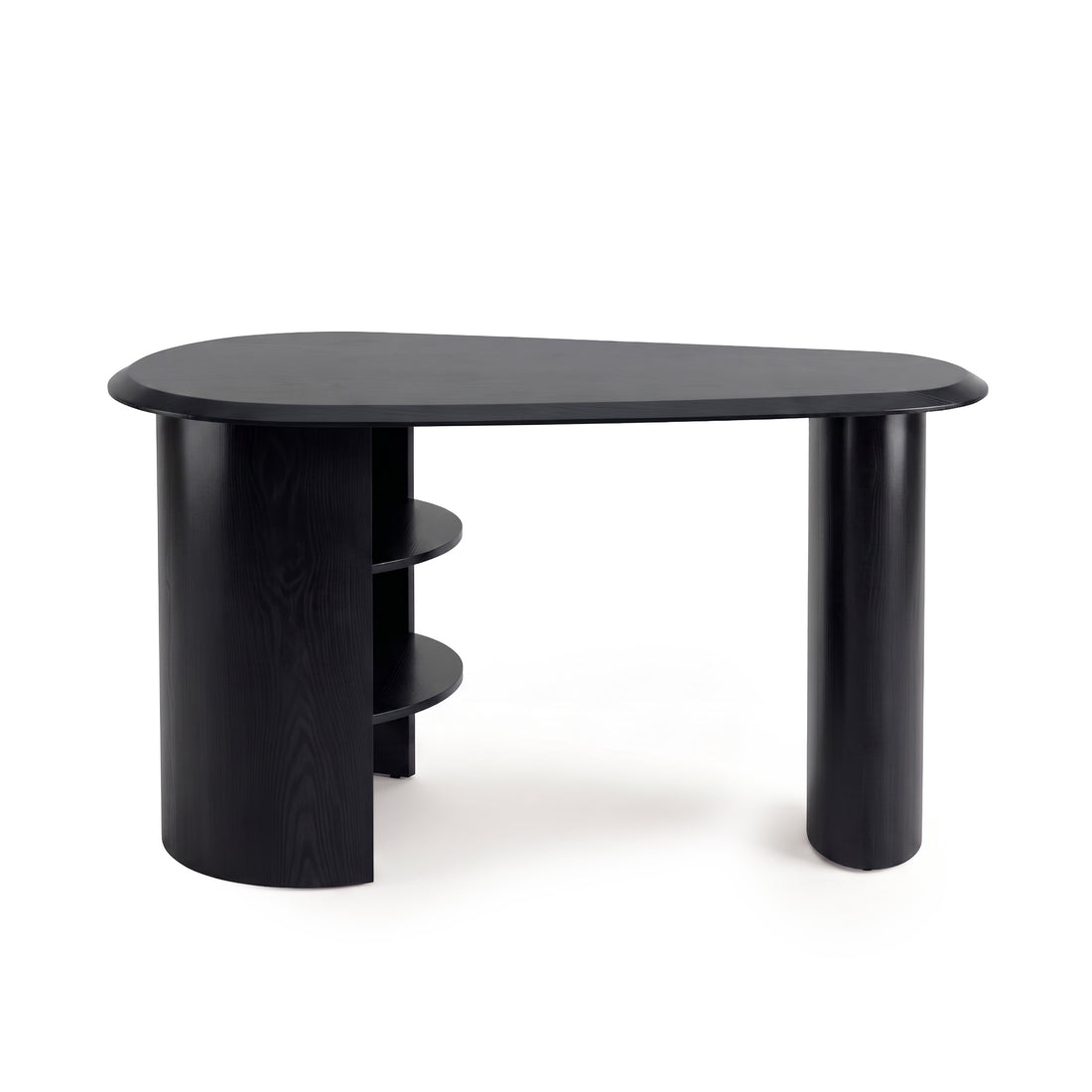 Modern black desk with asymmetrical top and open shelves on a white background
