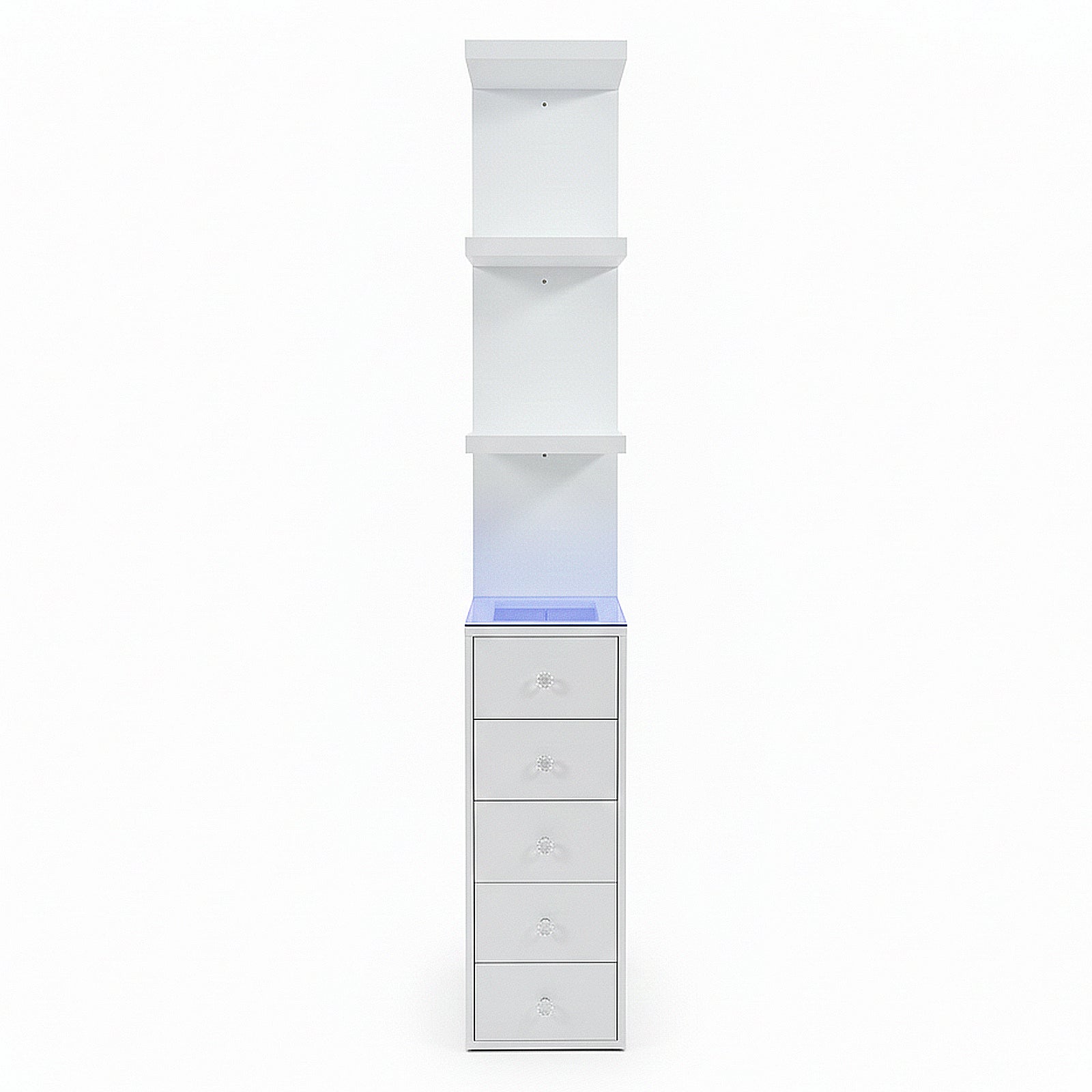 Tall white cabinet with three open shelves and five drawers on white background