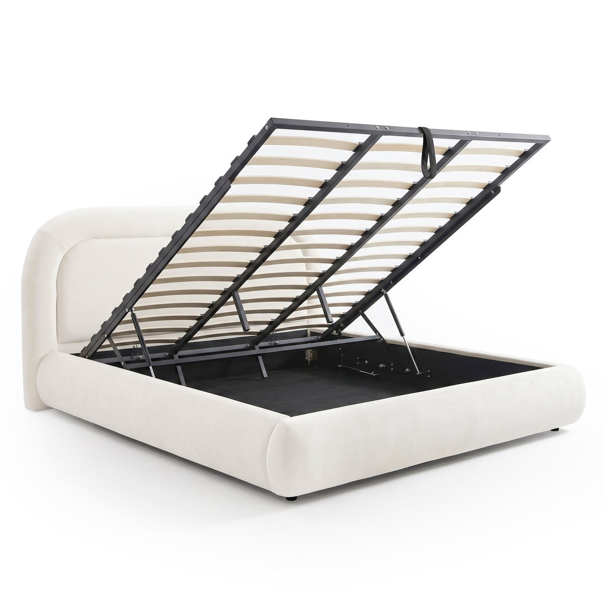 Upholstered storage bed with open compartment on white background
