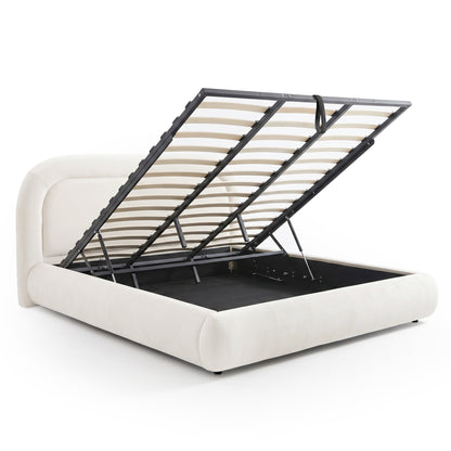 Upholstered storage bed with open compartment on white background