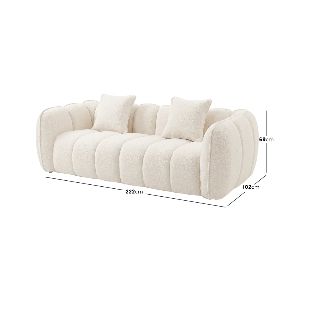 Modern tufted cream sofa with dimension labels displayed on a white background - Dimensions
