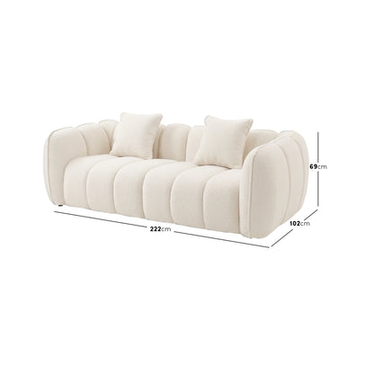 Modern tufted cream sofa with dimension labels displayed on a white background - Dimensions