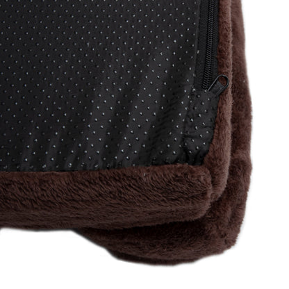 Brown plush fabric corner with zipper and non-slip backing on white background