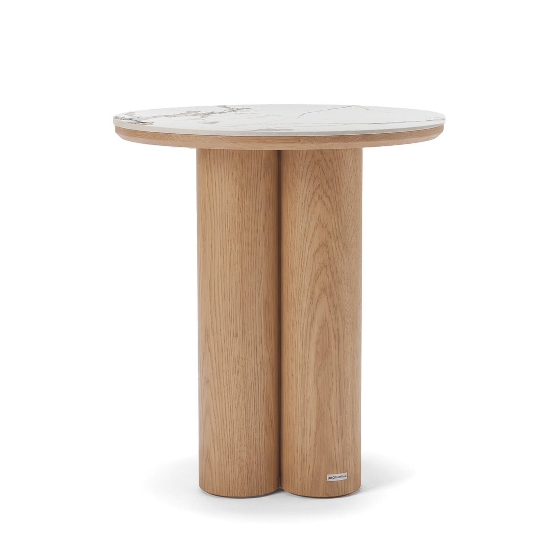 Contemporary round side table with a stone-look top and two cylindrical wooden legs on a white background