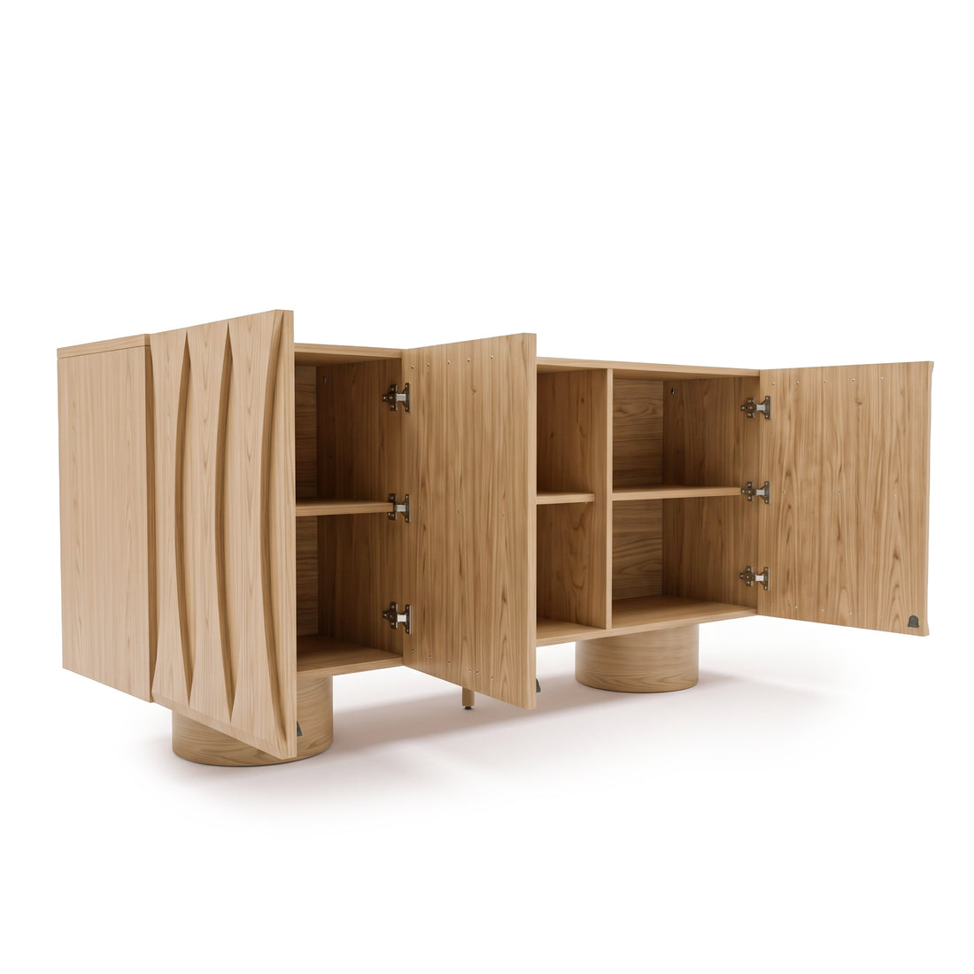Wooden sideboard with open doors and shelving on a white background