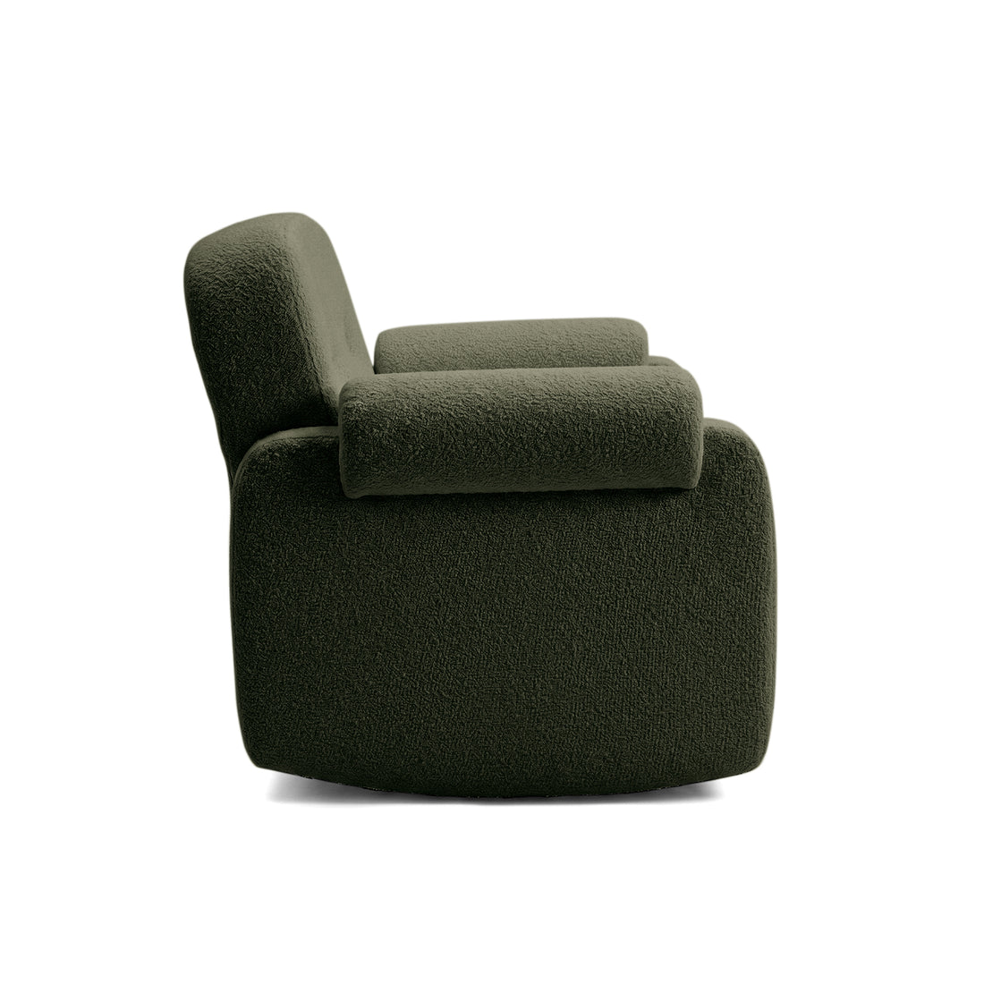 Side view of olive green armchair on white background
