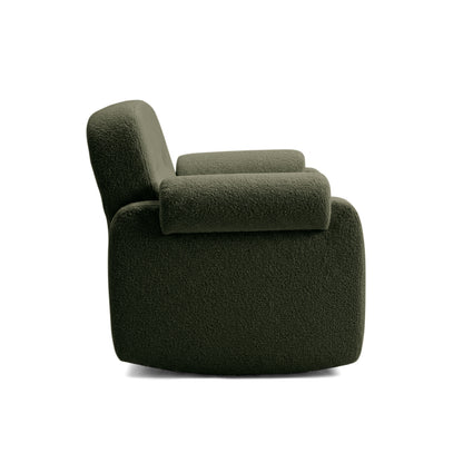 Side view of olive green armchair on white background
