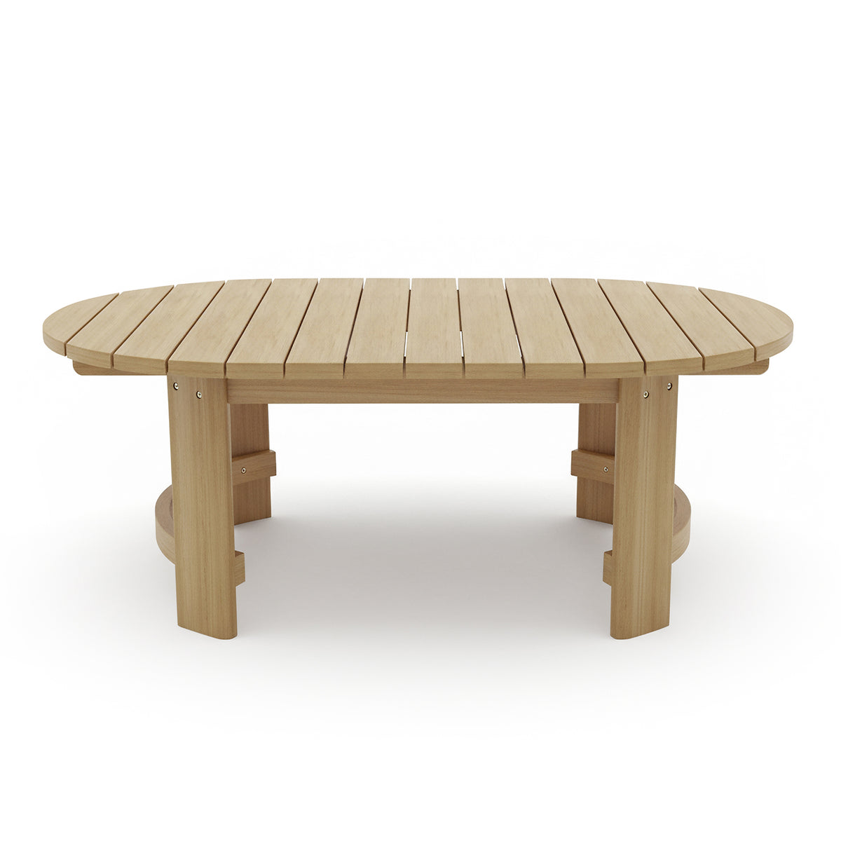 Delva 4 Seater Hardwood Acacia Outdoor Sofa Set in Cream features a low, slatted wooden table with an oval top, supported by chunky legs with curved braces underneath, enhancing outdoor lounging.