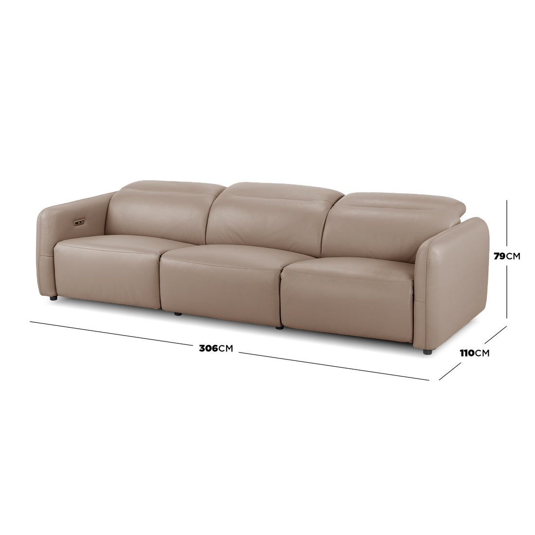 Full sofa on white background with dimensions labeled 306 cm wide, 110 cm deep, and 79 cm high